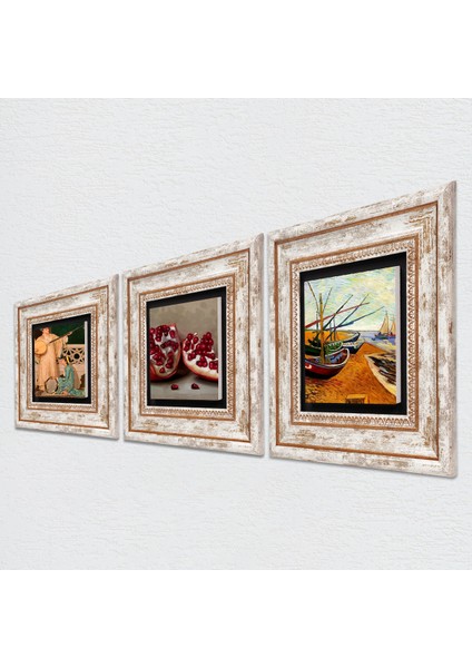 Van Gogh Balıkçı Tekneleri, İki Müzisyen Kız Tablosu, Nar Taş Duvar Tablosu Çerçeveli Duvar Dekoru 3 Parça Tablo Seti Wall Art T3-1510