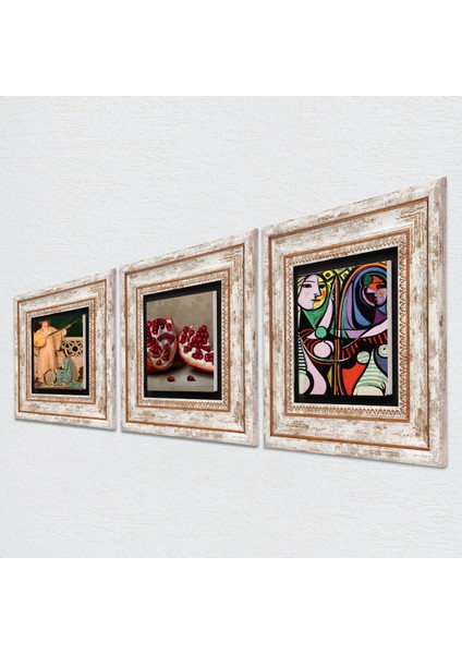 Picasso Ayna Karşısındaki Kız, İki Müzisyen Kız, Nar Taş Duvar Tablosu Çerçeveli Duvar Dekoru 3 Parça Tablo Seti Wall Art T3-1515