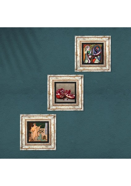 Picasso Ayna Karşısındaki Kız, İki Müzisyen Kız, Nar Taş Duvar Tablosu Çerçeveli Duvar Dekoru 3 Parça Tablo Seti Wall Art T3-1515