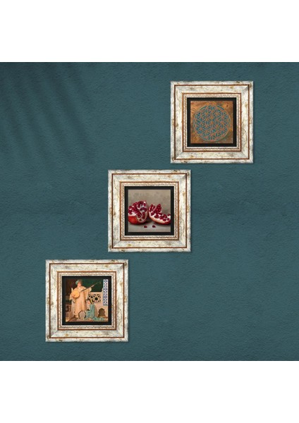 Yaşam Çiçeği, İki Müzisyen Kız Tablosu, Nar Taş Duvar Tablosu Çerçeveli Duvar Dekoru 3 Parça Tablo Seti Wall Art T3-1521