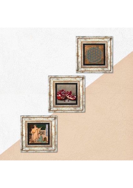 Yaşam Çiçeği, İki Müzisyen Kız Tablosu, Nar Taş Duvar Tablosu Çerçeveli Duvar Dekoru 3 Parça Tablo Seti Wall Art T3-1521