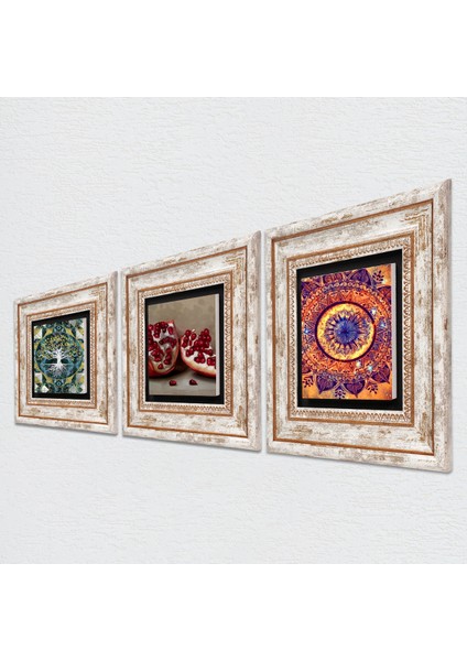 Hayat Ağacı, Mandala, Nar Çerçeveli Taş Duvar Tablosu 3’lü Set - Dekoratif Modern Sanat, Ev ve Ofis Dekoru |TK3-1692| fiyatları
