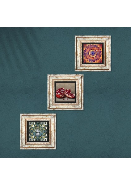 Hayat Ağacı, Mandala, Nar Çerçeveli Taş Duvar Tablosu 3’lü Set - Dekoratif Modern Sanat, Ev ve Ofis Dekoru |TK3-1692| fırsatları