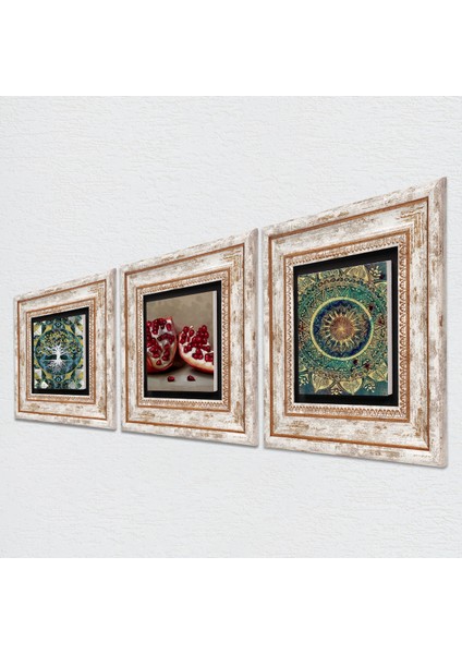 Hayat Ağacı, Mandala, Nar Taş Duvar Tablosu Çerçeveli Duvar Dekoru 3 Parça Tablo Seti Wall Art T3-1693 fiyatları