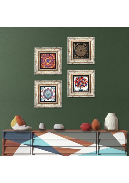 Mandala, Sri Yantra, Çini Sanatı, Nar Ağacı Taş Duvar Tablosu Çerçeveli Duvar Dekoru 4 Parça Tablo Seti Wall Art T4-290