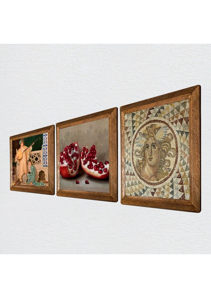 Mozaik Serisi, İki Müzisyen Kız Tablosu, Nar Taş Duvar Tablosu Ahşap Çerçeveli Duvar Dekoru 3 Parça Tablo Seti Wall Art W3-1473