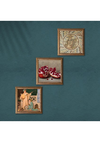 Mozaik Serisi, İki Müzisyen Kız Tablosu, Nar Taş Duvar Tablosu Ahşap Çerçeveli Duvar Dekoru 3 Parça Tablo Seti Wall Art W3-1473