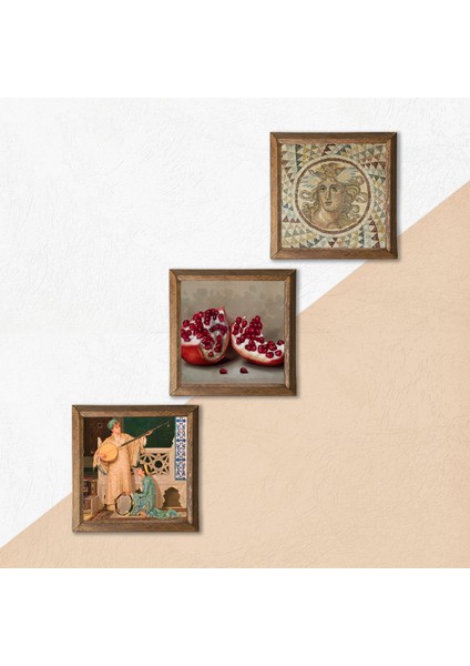 Mozaik Serisi, İki Müzisyen Kız Tablosu, Nar Taş Duvar Tablosu Ahşap Çerçeveli Duvar Dekoru 3 Parça Tablo Seti Wall Art W3-1473
