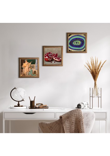Nazar, İki Müzisyen Kız Tablosu, Nar Taş Duvar Tablosu Ahşap Çerçeveli Duvar Dekoru 3 Parça Tablo Seti Wall Art W3-1492