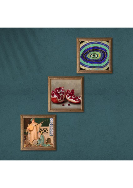 Nazar, İki Müzisyen Kız Tablosu, Nar Taş Duvar Tablosu Ahşap Çerçeveli Duvar Dekoru 3 Parça Tablo Seti Wall Art W3-1492