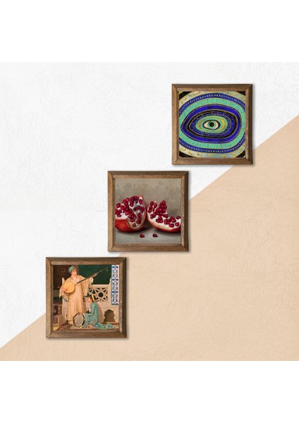 Nazar, İki Müzisyen Kız Tablosu, Nar Taş Duvar Tablosu Ahşap Çerçeveli Duvar Dekoru 3 Parça Tablo Seti Wall Art W3-1492