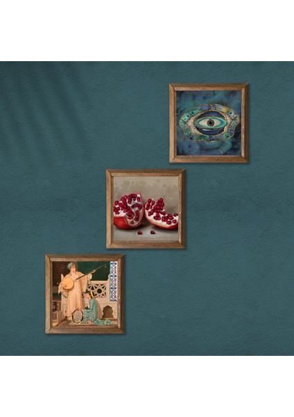 Nazar, İki Müzisyen Kız Tablosu, Nar Taş Duvar Tablosu Ahşap Çerçeveli Duvar Dekoru 3 Parça Tablo Seti Wall Art W3-1493