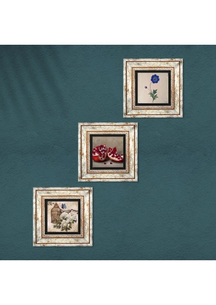 Ebru Sanatı, Kelebekli Çiçek, Nar Taş Duvar Tablosu Çerçeveli Duvar Dekoru 3 Parça Tablo Seti Wall Art T3-1090