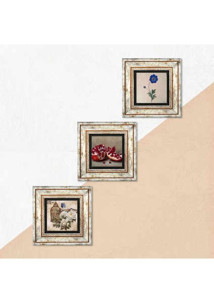 Ebru Sanatı, Kelebekli Çiçek, Nar Taş Duvar Tablosu Çerçeveli Duvar Dekoru 3 Parça Tablo Seti Wall Art T3-1090