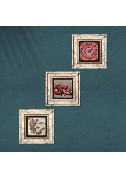 Mandala, Kelebekli Çiçek, Nar Taş Duvar Tablosu Çerçeveli Duvar Dekoru 3 Parça Tablo Seti Wall Art T3-1102 fırsatları