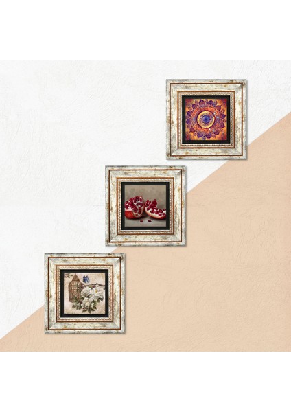 Mandala, Kelebekli Çiçek, Nar Taş Duvar Tablosu Çerçeveli Duvar Dekoru 3 Parça Tablo Seti Wall Art T3-1102 indirimleri