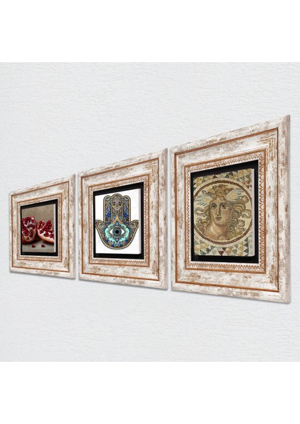 Stone Mozaik Serisi, Nar, Fatma Ana Eli (Hamsa) Çerçeveli Taş Duvar Tablosu 3’lü Set - Dekoratif Modern Sanat, Ev ve Ofis Dekoru |TK3-721| fiyatları