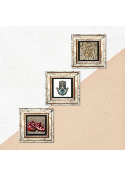 Stone Mozaik Serisi, Nar, Fatma Ana Eli (Hamsa) Çerçeveli Taş Duvar Tablosu 3’lü Set - Dekoratif Modern Sanat, Ev ve Ofis Dekoru |TK3-721| indirimleri