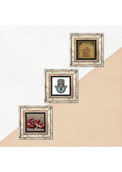 Ayet-el Kürsi, Nar, Fatma Ana Eli (Hamsa) Taş Duvar Tablosu Çerçeveli Duvar Dekoru 3 Parça Tablo Seti Wall Art T3-729 indirimleri