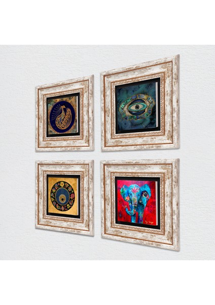 Fil, Tavus Kuşu, Nazar Taş Duvar Tablosu Çerçeveli Duvar Dekoru 4 Parça Tablo Seti Wall Art T4-332