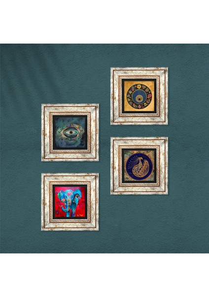 Fil, Tavus Kuşu, Nazar Taş Duvar Tablosu Çerçeveli Duvar Dekoru 4 Parça Tablo Seti Wall Art T4-332