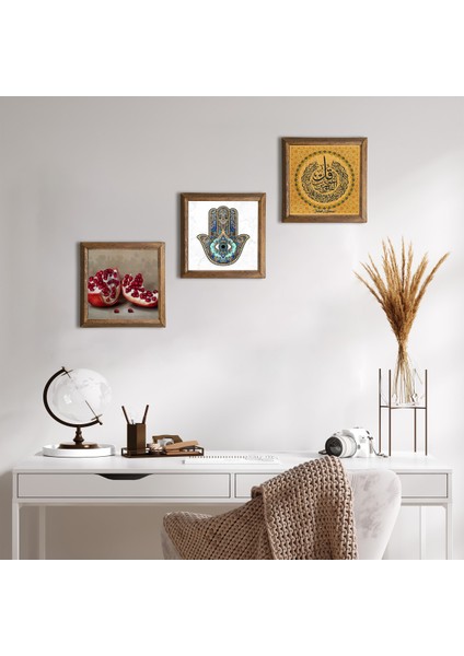 Felak Suresi, Nar, Fatma Ana Eli (Hamsa) Taş Duvar Tablosu Ahşap Çerçeveli Duvar Dekoru 3 Parça Tablo Seti Wall Art W3-766