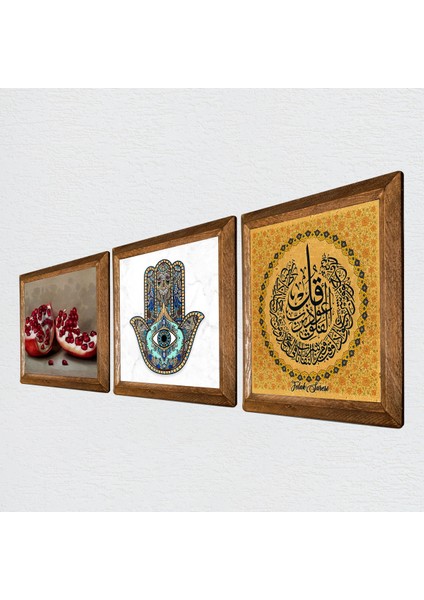 Felak Suresi, Nar, Fatma Ana Eli (Hamsa) Taş Duvar Tablosu Ahşap Çerçeveli Duvar Dekoru 3 Parça Tablo Seti Wall Art W3-766 fiyatları