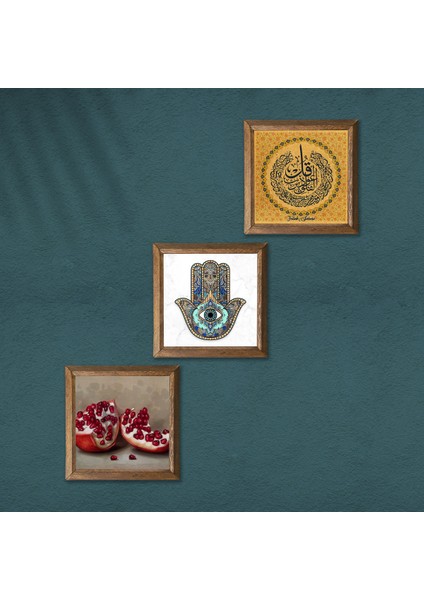 Felak Suresi, Nar, Fatma Ana Eli (Hamsa) Taş Duvar Tablosu Ahşap Çerçeveli Duvar Dekoru 3 Parça Tablo Seti Wall Art W3-766 modelleri