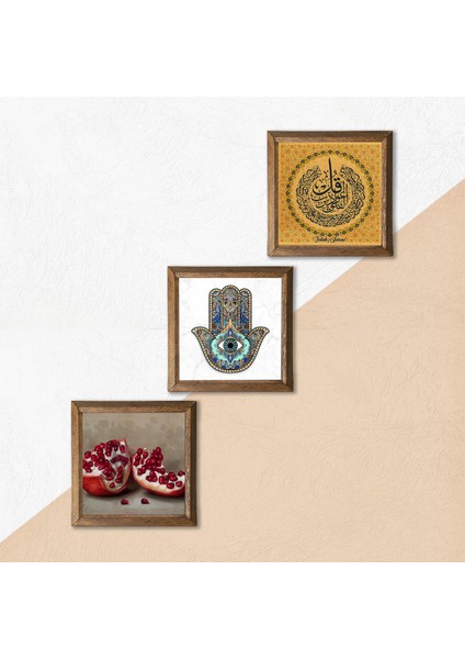 Felak Suresi, Nar, Fatma Ana Eli (Hamsa) Taş Duvar Tablosu Ahşap Çerçeveli Duvar Dekoru 3 Parça Tablo Seti Wall Art W3-766 indirimleri