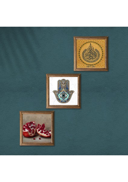 Stone Ayet-el Kürsi, Nar, Fatma Ana Eli (Hamsa) Ahşap Çerçeveli Taş Duvar Tablosu 3’lü Set – 25x25 cm Dekoratif Modern Sanat – Ev ve Ofis Dekoru |W3-768| modelleri