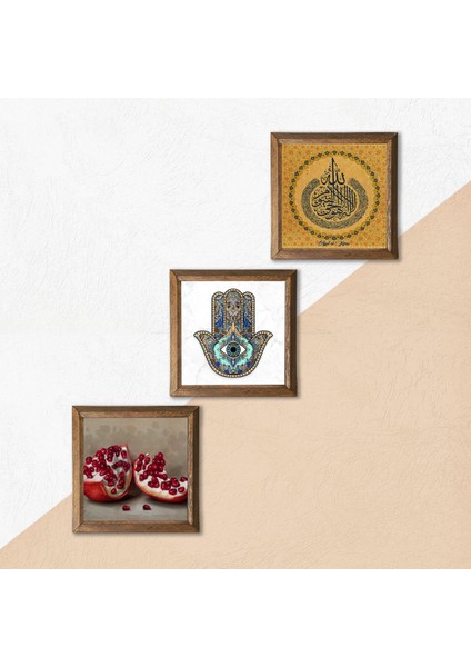 Stone Ayet-el Kürsi, Nar, Fatma Ana Eli (Hamsa) Ahşap Çerçeveli Taş Duvar Tablosu 3’lü Set – 25x25 cm Dekoratif Modern Sanat – Ev ve Ofis Dekoru |W3-768| indirimleri
