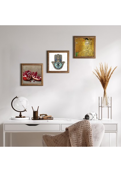 Stone Gustav Klimt Bauer'in Portresi, Nar, Fatma Ana Eli Ahşap Çerçeveli Taş Duvar Tablosu 3’lü Set – 25x25 cm Dekoratif Modern Sanat – Ev ve Ofis Dekoru |W3-769|