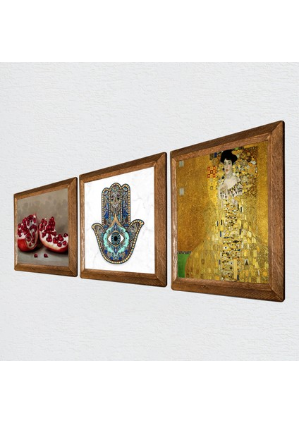 Stone Gustav Klimt Bauer'in Portresi, Nar, Fatma Ana Eli Ahşap Çerçeveli Taş Duvar Tablosu 3’lü Set – 25x25 cm Dekoratif Modern Sanat – Ev ve Ofis Dekoru |W3-769| fiyatları