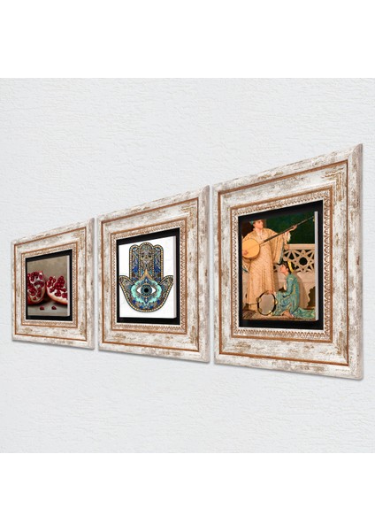 Stone İki Müzisyen Kız Tablosu, Nar, Fatma Ana Eli (Hamsa) Çerçeveli Taş Duvar Tablosu 3’lü Set - Dekoratif Modern Sanat, Ev ve Ofis Dekoru |TK3-708| fiyatları
