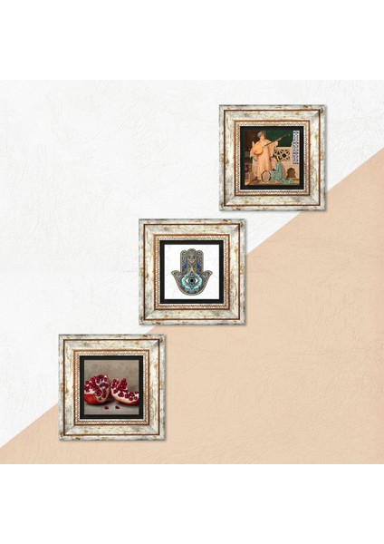 Stone İki Müzisyen Kız Tablosu, Nar, Fatma Ana Eli (Hamsa) Çerçeveli Taş Duvar Tablosu 3’lü Set - Dekoratif Modern Sanat, Ev ve Ofis Dekoru |TK3-708| indirimleri