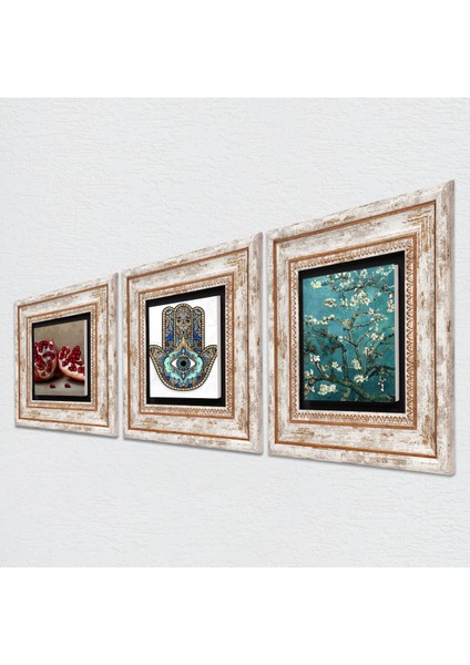 Van Gogh Badem Ağacı, Nar, Fatma Ana Eli (Hamsa) Taş Duvar Tablosu Çerçeveli Duvar Dekoru 3 Parça Tablo Seti Wall Art T3-717 fiyatları