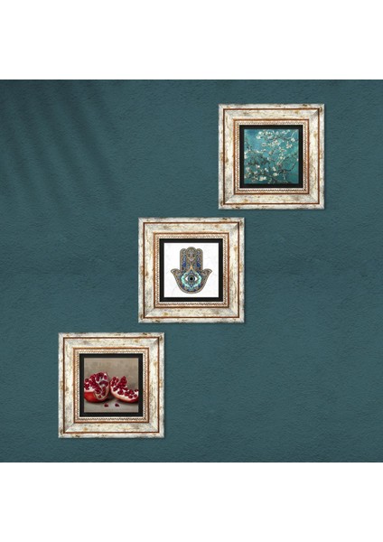 Van Gogh Badem Ağacı, Nar, Fatma Ana Eli (Hamsa) Taş Duvar Tablosu Çerçeveli Duvar Dekoru 3 Parça Tablo Seti Wall Art T3-717 fırsatları