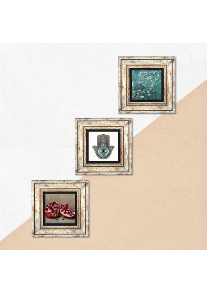 Van Gogh Badem Ağacı, Nar, Fatma Ana Eli (Hamsa) Taş Duvar Tablosu Çerçeveli Duvar Dekoru 3 Parça Tablo Seti Wall Art T3-717 indirimleri