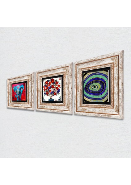 Fil, Nazar, Nar Ağacı Taş Duvar Tablosu Çerçeveli Duvar Dekoru 3 Parça Tablo Seti Wall Art T3-109 fiyatları