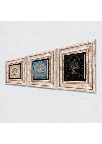 Yaşam Çiçeği, Hayat Ağacı Taş Duvar Tablosu Çerçeveli Duvar Dekoru 3 Parça Tablo Seti Wall Art T3-110 fiyatları
