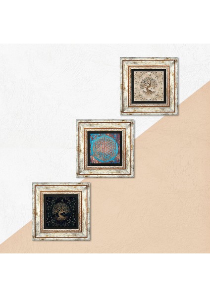 Yaşam Çiçeği, Hayat Ağacı Taş Duvar Tablosu Çerçeveli Duvar Dekoru 3 Parça Tablo Seti Wall Art T3-110 indirimleri