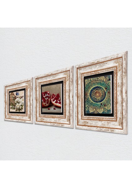 Mandala, Kelebekli Çiçek, Nar Taş Duvar Tablosu Çerçeveli Duvar Dekoru 3 Parça Tablo Seti Wall Art T3-1103