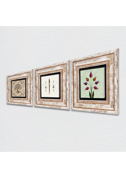 Lale Ebru Sanatı, Elif, Hayat Ağacı Taş Duvar Tablosu Çerçeveli Duvar Dekoru 3 Parça Tablo Seti Wall Art T3-111