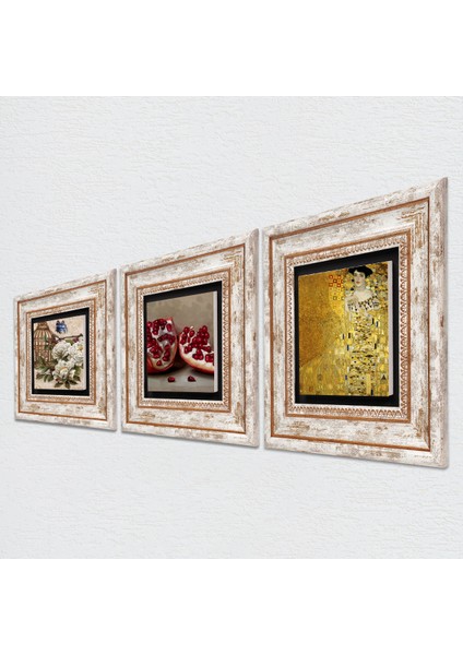Gustav Klimt Bauer'in Portresi, Kelebekli Çiçek, Nar Taş Duvar Tablosu Çerçeveli Duvar Dekoru 3 Parça Tablo Seti Wall Art T3-1112 fiyatları