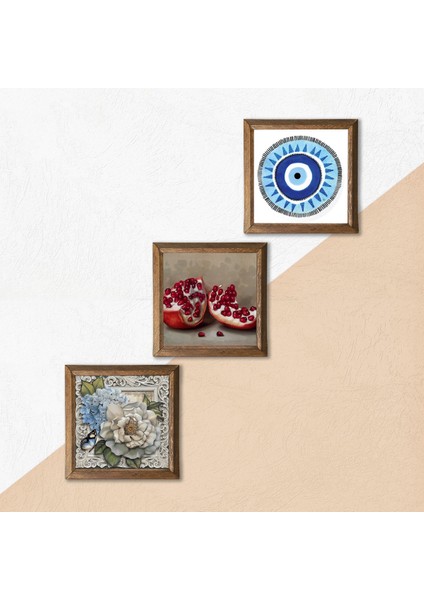 Nazar, Kelebekli Çiçek, Nar Taş Duvar Tablosu Ahşap Çerçeveli Duvar Dekoru 3 Parça Tablo Seti Wall Art W3-1185 indirimleri
