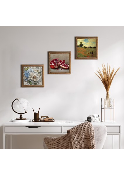 Claude Monet Gelincikler, Kelebekli Çiçek, Nar Ahşap Çerçeveli Taş Duvar Tablosu 3’lü Set – 25x25 cm Dekoratif Modern Sanat – Ev ve Ofis Dekoru |W3-1186|
