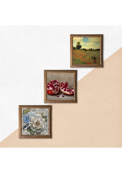 Claude Monet Gelincikler, Kelebekli Çiçek, Nar Ahşap Çerçeveli Taş Duvar Tablosu 3’lü Set – 25x25 cm Dekoratif Modern Sanat – Ev ve Ofis Dekoru |W3-1186| indirimleri