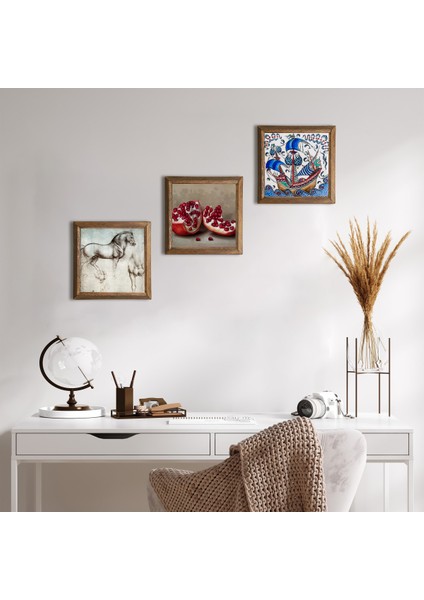Çini Sanatı Yelkenli Gemi, Da Vinci At Heykeli, Nar Taş Duvar Tablosu Ahşap Çerçeveli Duvar Dekoru 3 Parça Tablo Seti Wall Art W3-1315