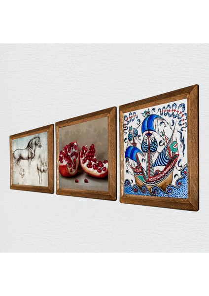 Çini Sanatı Yelkenli Gemi, Da Vinci At Heykeli, Nar Taş Duvar Tablosu Ahşap Çerçeveli Duvar Dekoru 3 Parça Tablo Seti Wall Art W3-1315