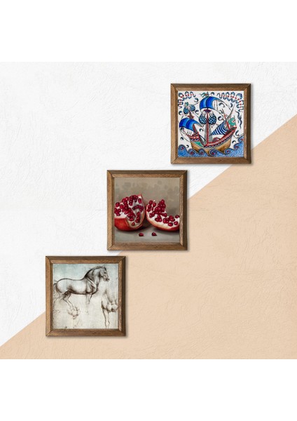 Çini Sanatı Yelkenli Gemi, Da Vinci At Heykeli, Nar Taş Duvar Tablosu Ahşap Çerçeveli Duvar Dekoru 3 Parça Tablo Seti Wall Art W3-1315